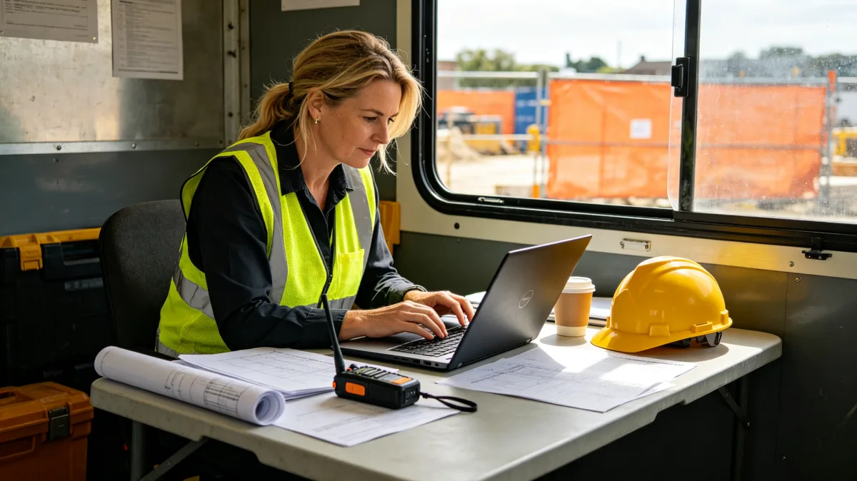 A woman in a high-visibility vest works at a temporary desk with a laptop, hard hat, radio, and construction view outside the window, showing field administration and site coordination.