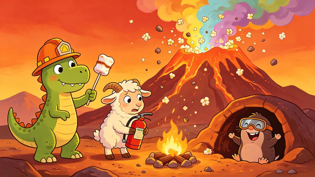 A colorful storybook cartoon scene featuring dinosaur and goat at volcano camp, designed for playful children-friendly illustration use.