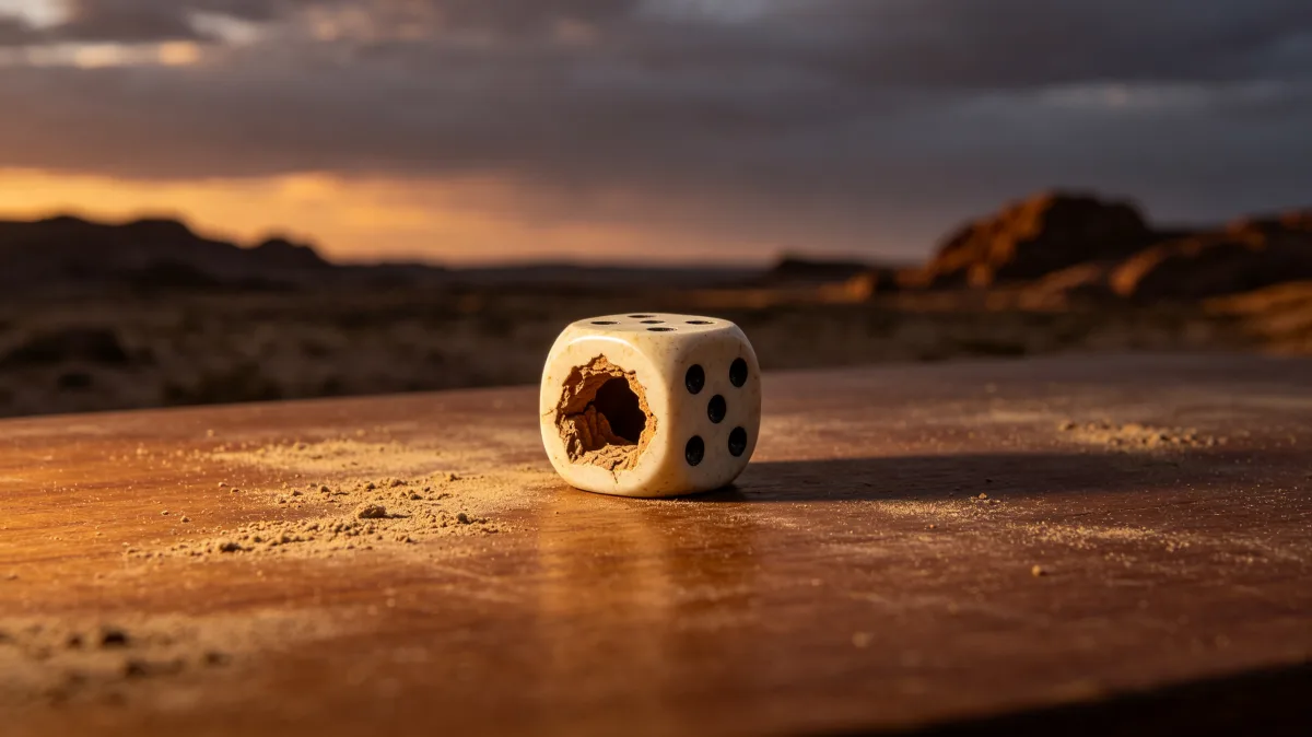 a small die with a hollowed center rests on a wooden surface against a desert-like background, creating an unusual closeup for games, chance, missing pieces, risk, and everyday objects made strange.