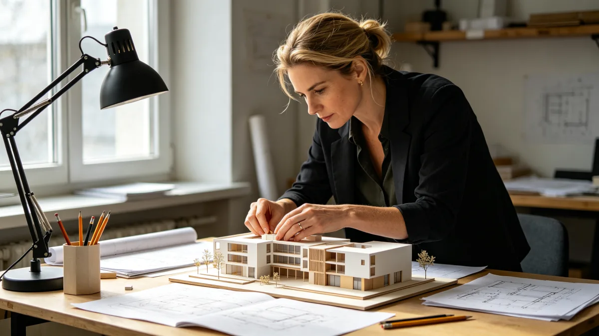 A woman leans over a detailed architectural model with a laptop, pencil cups, task lamp, and design papers, showing careful planning, spatial thinking, and professional model review.