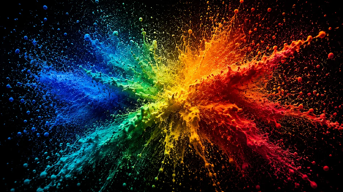 rainbow pigment particles bursting across a dark background