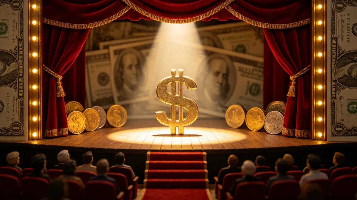 A gold dollar sign stands under a theater spotlight in front of curtains, coins, and seated audience silhouettes, presenting money as performance, spectacle, public attention, or economic...