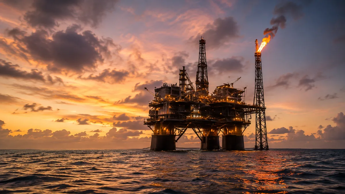 An offshore oil and gas platform stands in the sea at sunset with a flare burning above it.