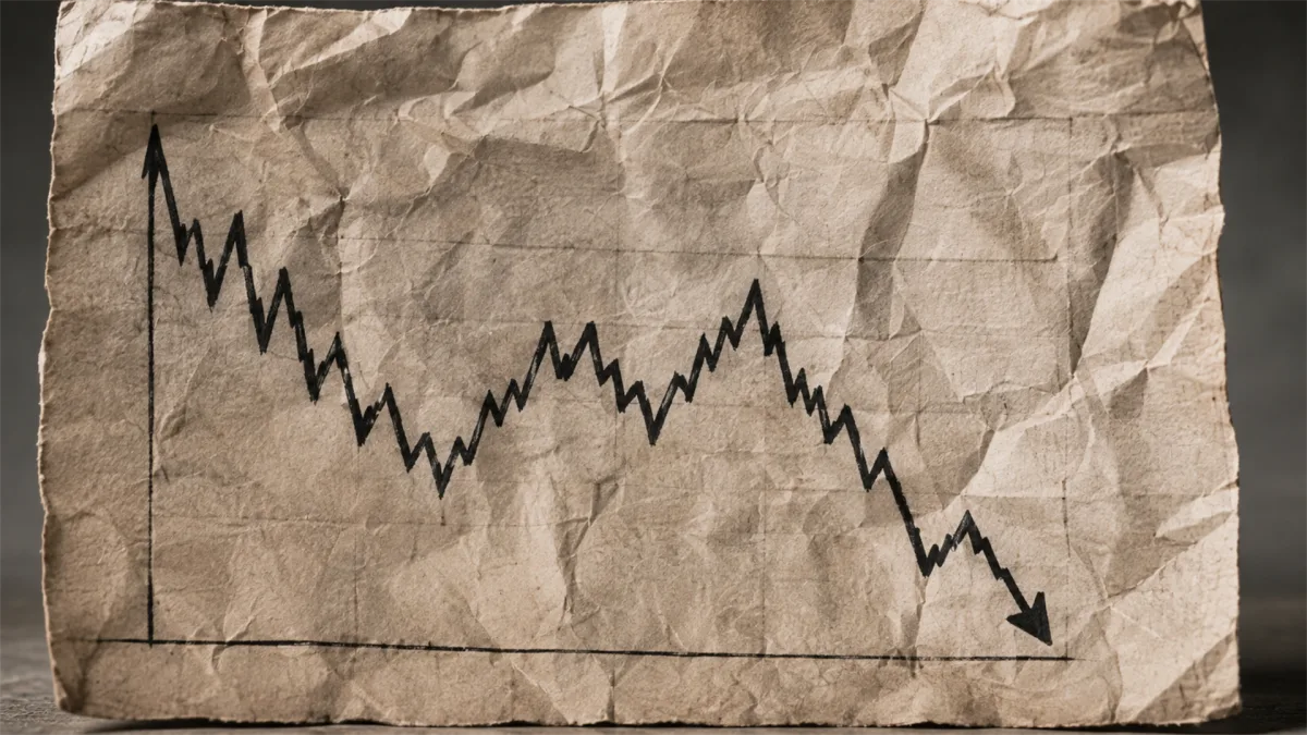 A falling line chart drawn on crumpled paper suggests market volatility, recession concerns, declining revenue, or financial uncertainty.