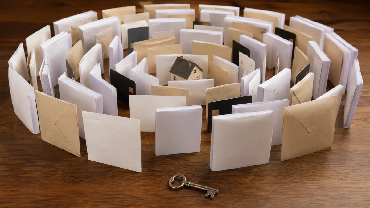 A spiral maze made of paper folders surrounds a key, suggesting bureaucracy, loan paperwork, housing access, and administrative barriers.