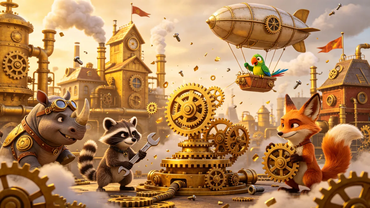 A colorful storybook cartoon scene featuring steampunk workshop animal inventors, designed for playful children-friendly illustration use.