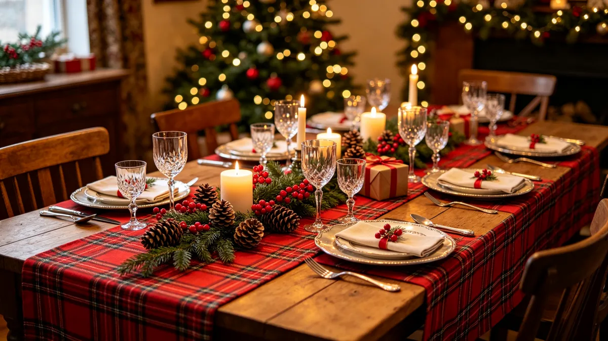 long Christmas dining table with plaid runner, candles, and gifts