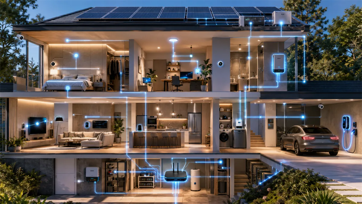 A modern home cutaway shows lit rooms, devices, electric vehicles, and blue connection lines linking appliances and controls, illustrating smart home automation, residential internet, IoT, and...