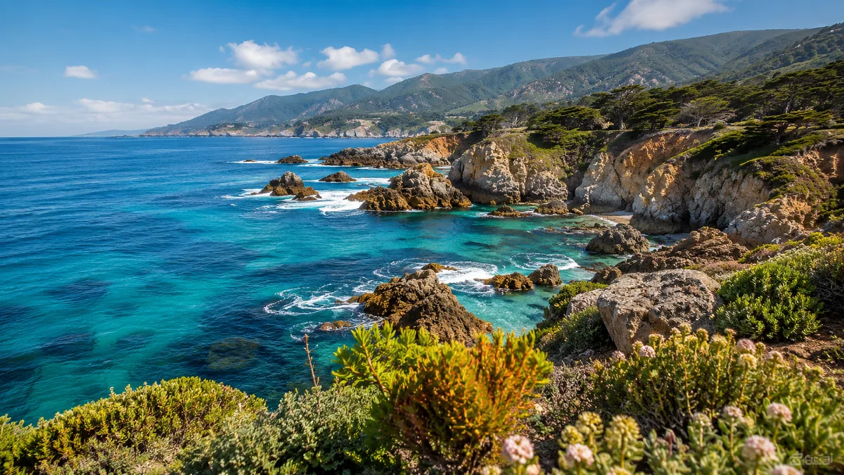 Turquoise ocean water meets a rugged coastal cliff covered with greenery.