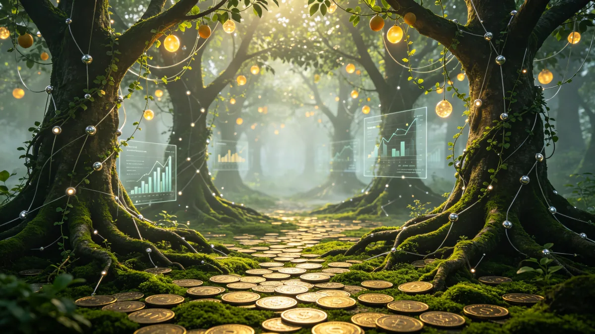 A glowing path of coins winds through mossy trees in a green forest, creating a fairytale money trail that suggests opportunity, discovery, savings journeys, and value hidden in nature.
