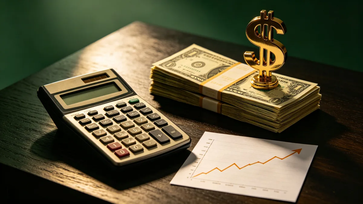 A calculator, stacked dollar bills, coins, paperwork, and a small golden dollar symbol sit on a green desk, presenting a direct business finance workspace for budgeting and accounting.