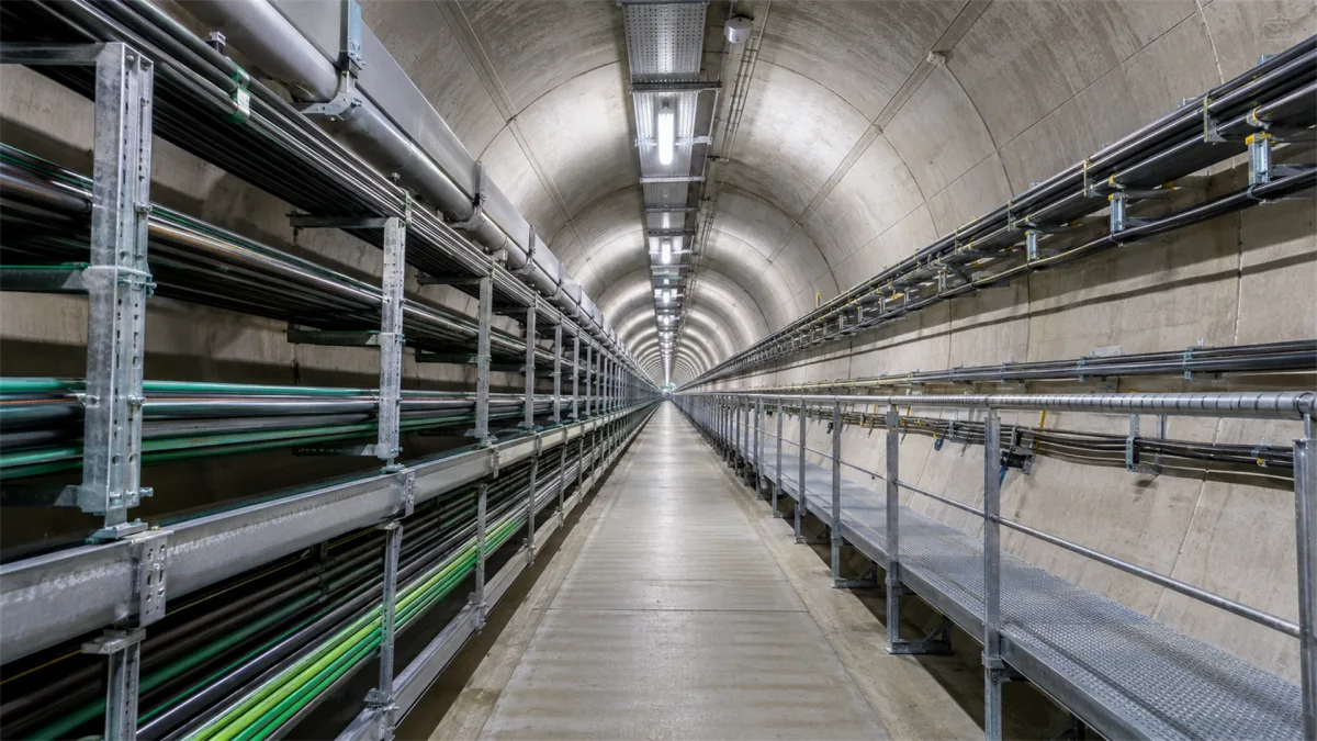 A clean concrete utility tunnel stretches into the distance with bundled pipes, cable trays, and green data conduits along the walls, creating a strong image of hidden city infrastructure and...