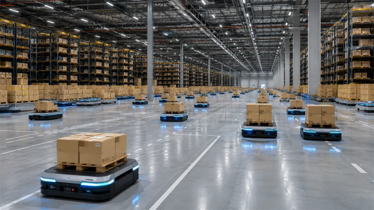 mobile robots transporting cardboard boxes in automated sorting area