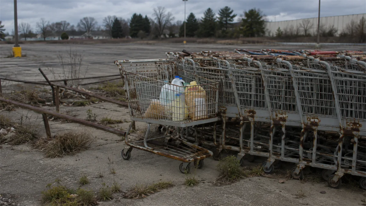 Abandoned shopping carts with groceries sit in an empty lot, suggesting retail waste, consumer stress, and interrupted everyday spending.