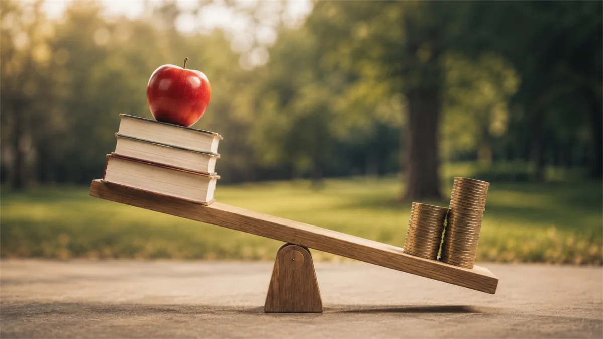 An apple and books balance against coins on a seesaw, creating a metaphor for education costs, opportunity, and family budgeting.