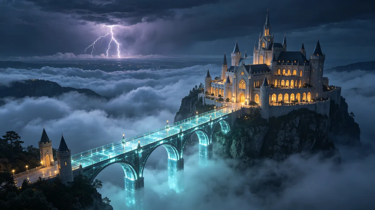 Storm Castle Bridge Across Frozen Water