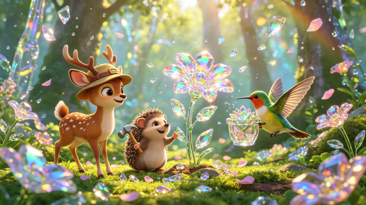 A colorful storybook cartoon scene featuring forest friends discovering glowing butterfly, designed for playful children-friendly illustration use.