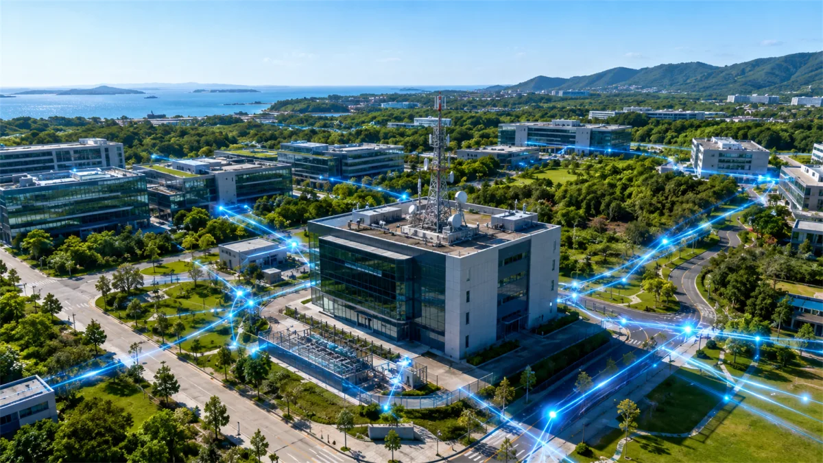 A coastal technology campus is shown from above with blue routes connecting buildings, roads, and power systems, suggesting campus networking, distributed facilities, research infrastructure, and...