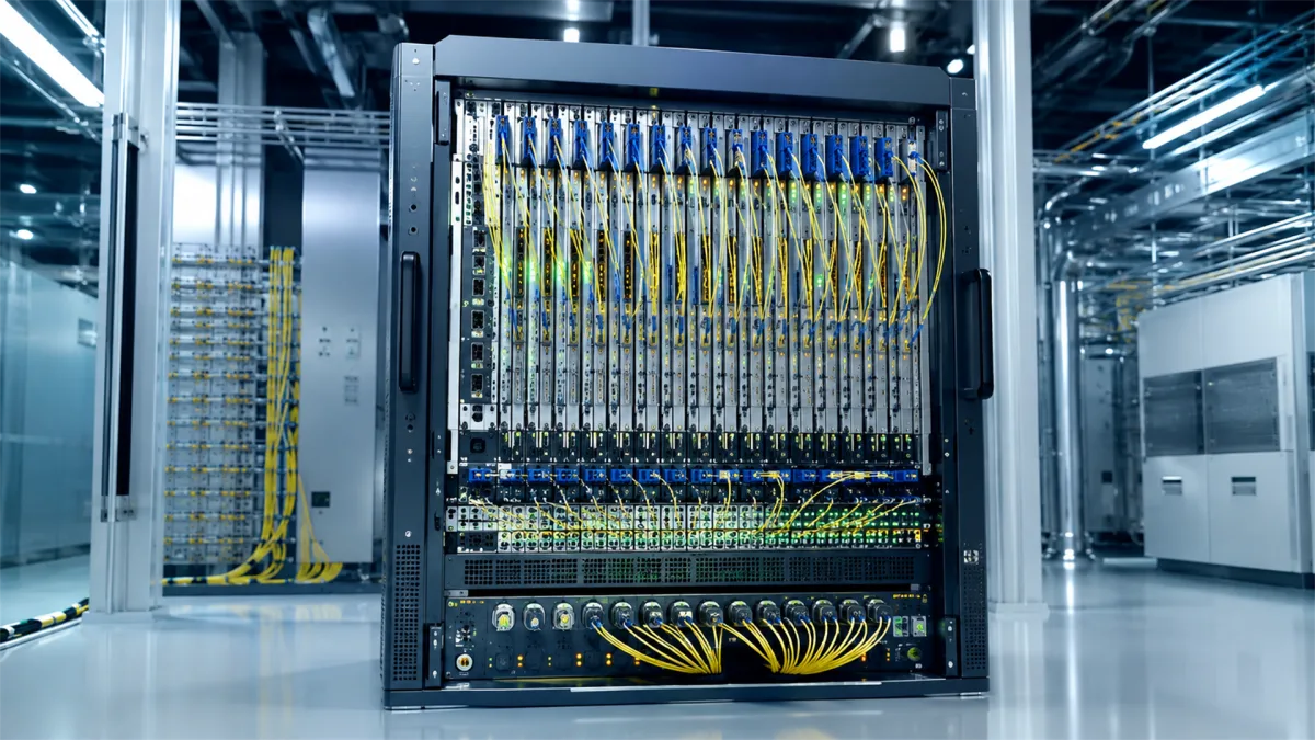 an open server cabinet with dense cables and blinking hardware stands inside a controlled data center room, giving a practical view of racks, switches, patching, and enterprise network maintenance.