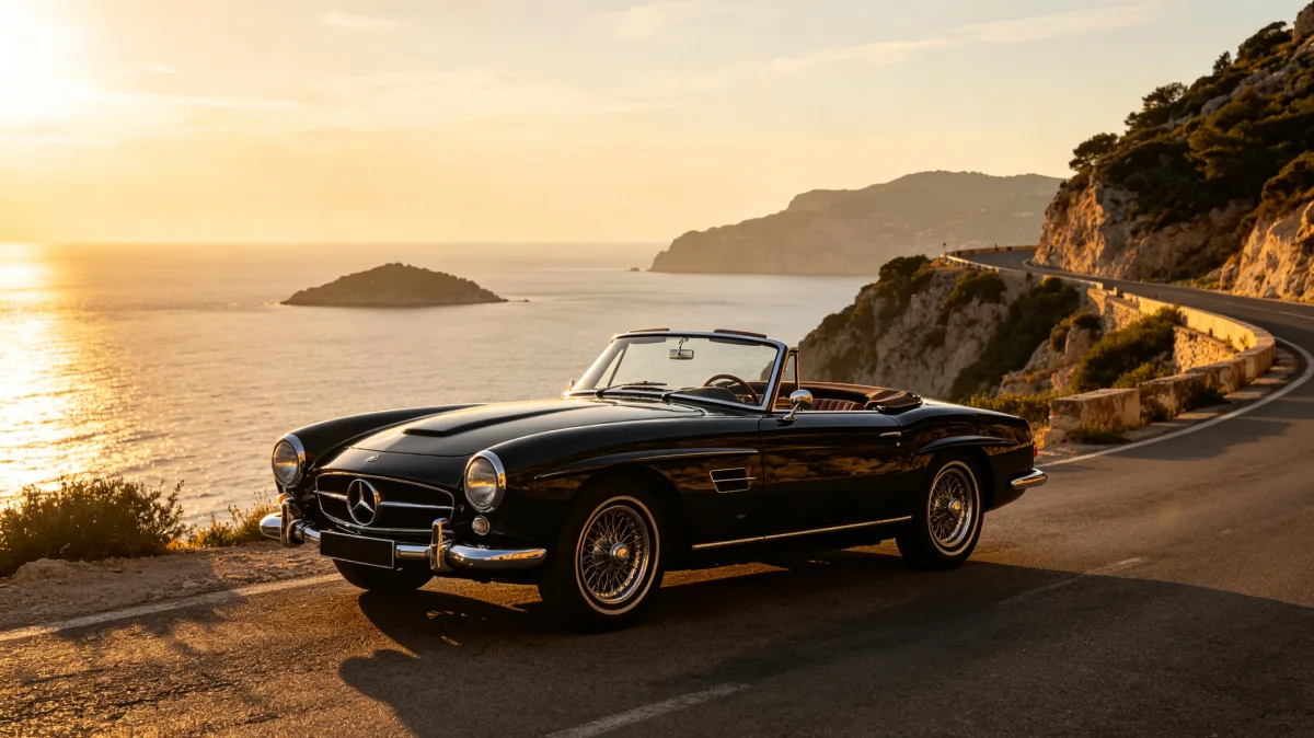 Classic Car On Coastal Sunset Road