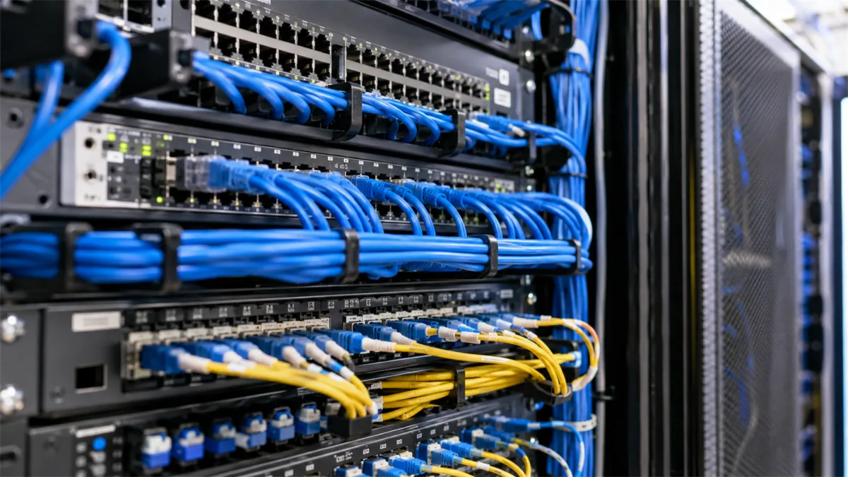 A tightly wired equipment rack shows switches, ports, and organized blue and yellow Ethernet cables, making a practical technology image for LAN management, enterprise networking, routing, and...