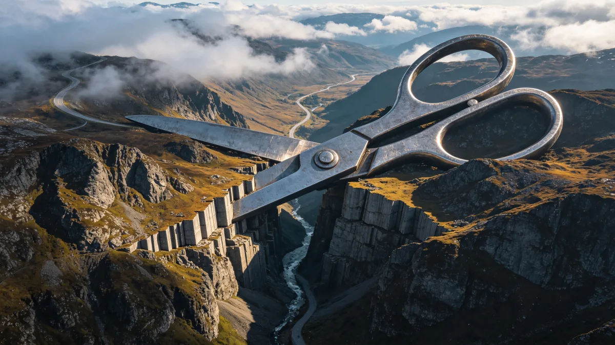 huge metal scissors hover across a mountain road and valley, suggesting disruption, cutting routes, policy decisions, editing, separation, or the dramatic act of changing a landscape.