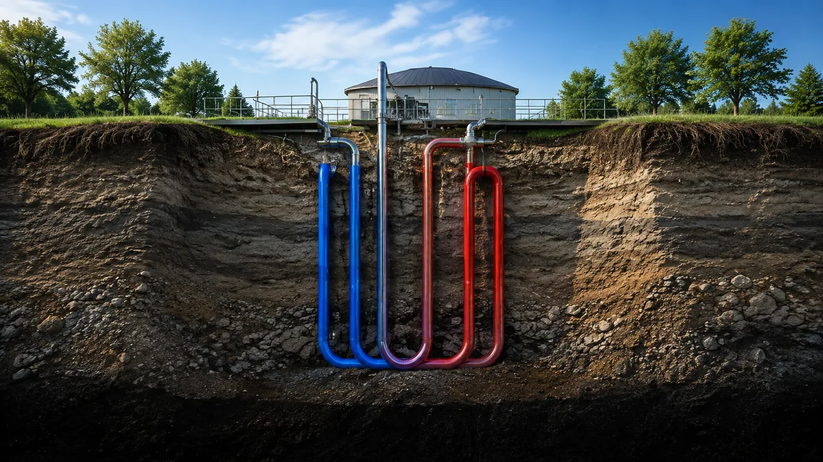 Red and blue ground-source heat pump pipes loop through a soil cross-section beside a small building.