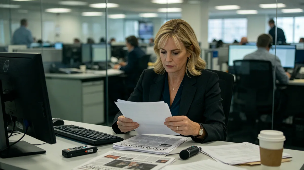 A woman reads documents at a computer workstation in a busy open office with a coffee cup nearby, capturing administrative review, reports, case files, and concentrated professional work.