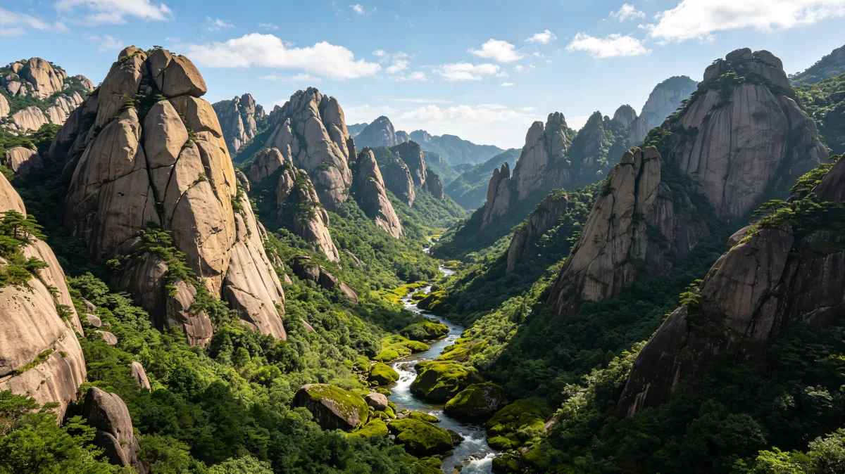 granite peaks frame a green valley with a clear winding stream.