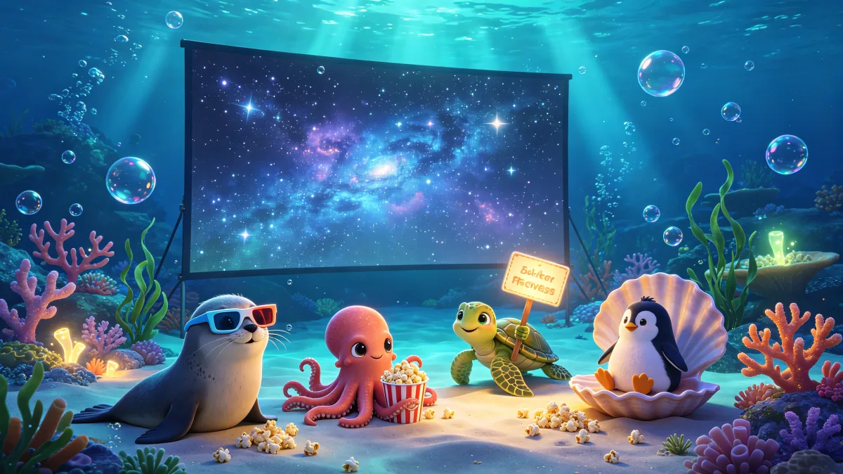 A colorful storybook cartoon scene featuring underwater movie night with sea animals, designed for playful children-friendly illustration use.