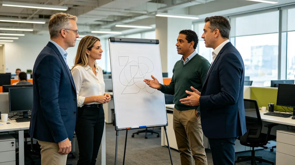 Three professionals stand around a whiteboard in an open office, discussing diagrams and notes with focused body language, showing practical planning, collaboration, and project alignment.