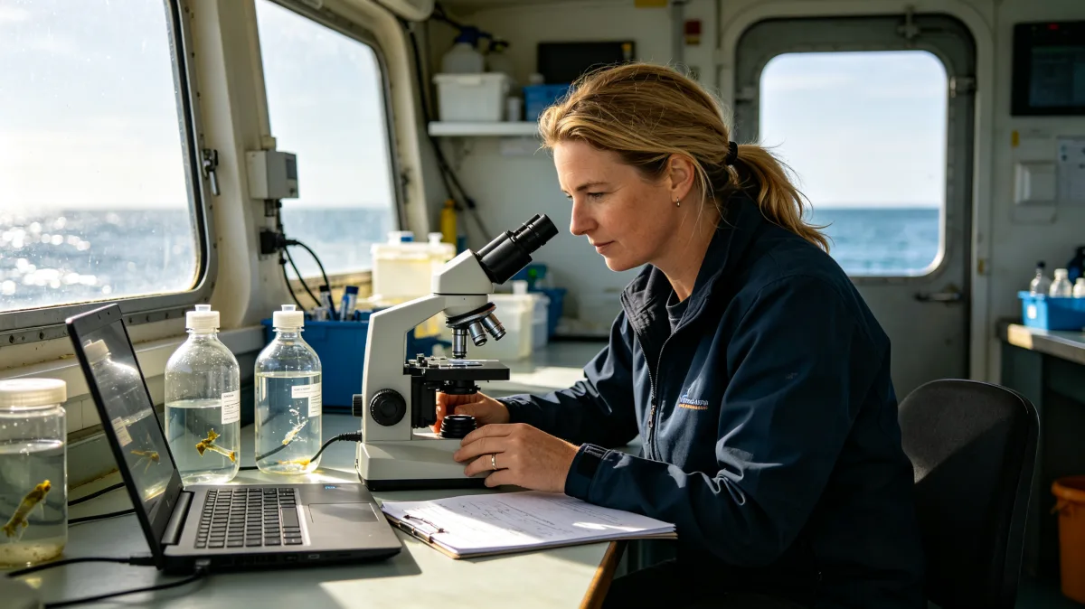 A woman works at a laptop inside a ship or coastal research lab with bottles, microscope equipment, and ocean visible outside, showing scientific documentation in a mobile field environment.