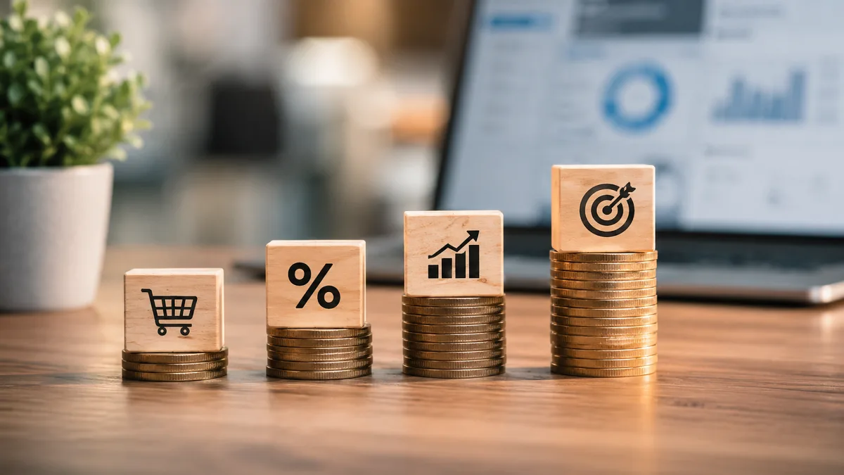 Wooden blocks, coins, and icons show shopping, discounts, growth, and ecommerce performance.