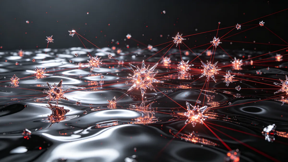 Red sparks and network lines spread across black rippling water.