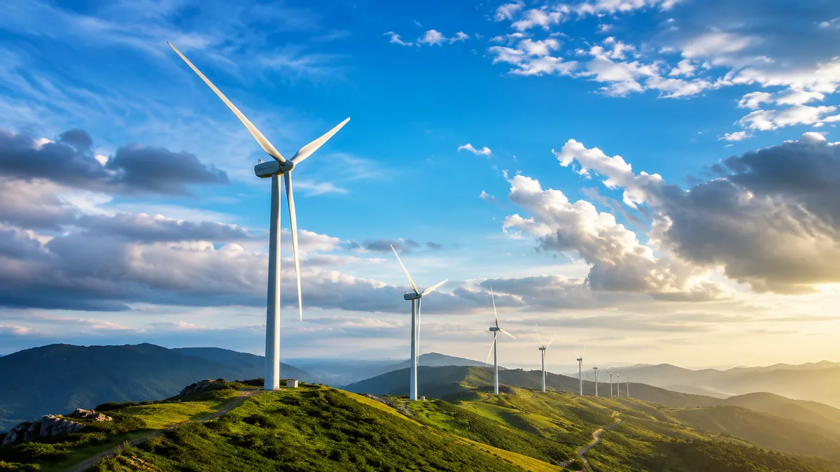 Wind turbines line a mountain ridge under a blue sky and sweeping clouds.