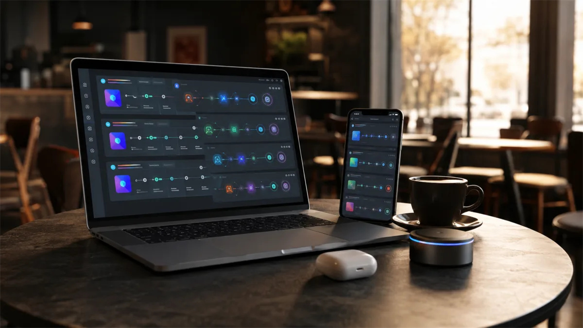 A laptop and phone show a connected home or lifestyle dashboard on a cafe table, suggesting future personal systems controlled from anywhere.