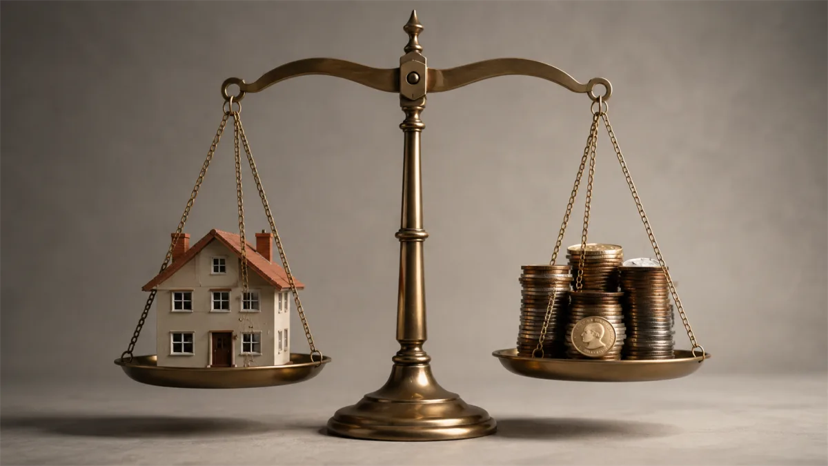 A scale balances a model house against stacked coins, making a direct housing affordability and household wealth comparison.