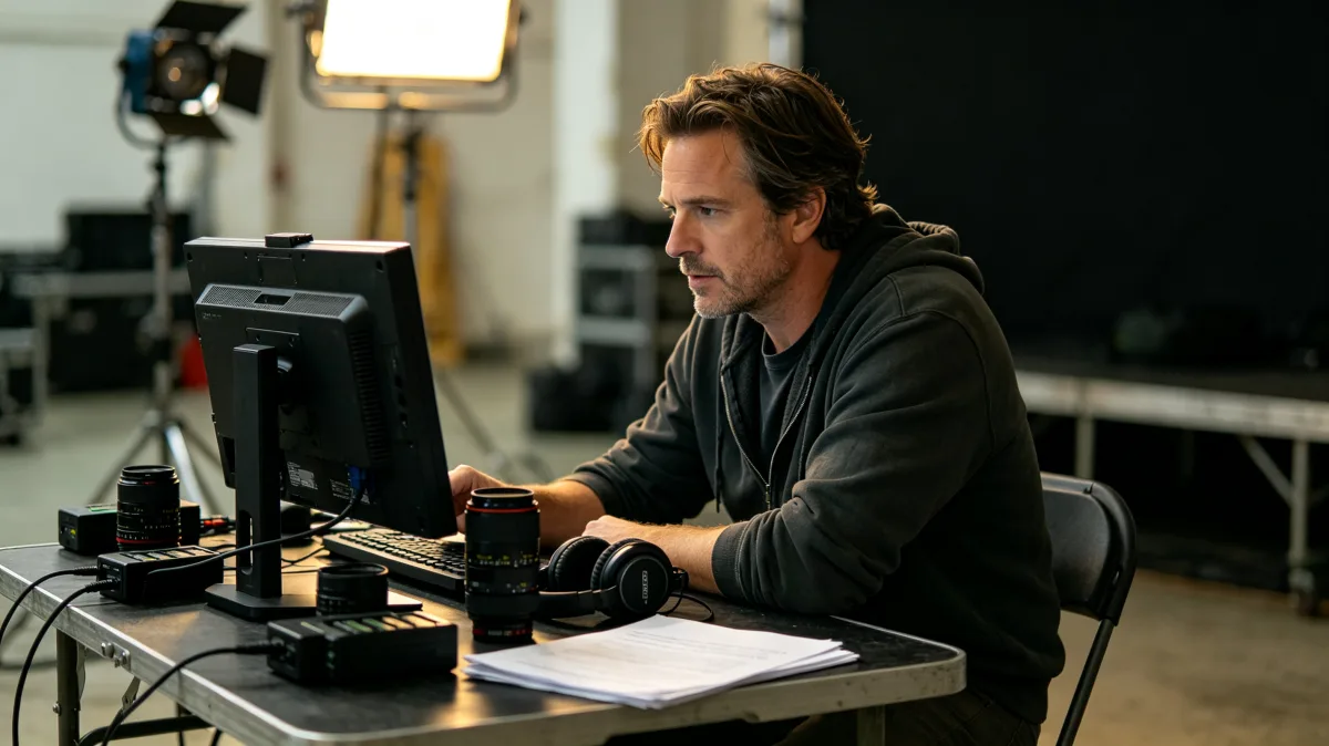 A man wearing headphones works at a computer in a studio-like office with equipment and screens around him, suggesting editing, monitoring, support work, or technical production behind a digital...