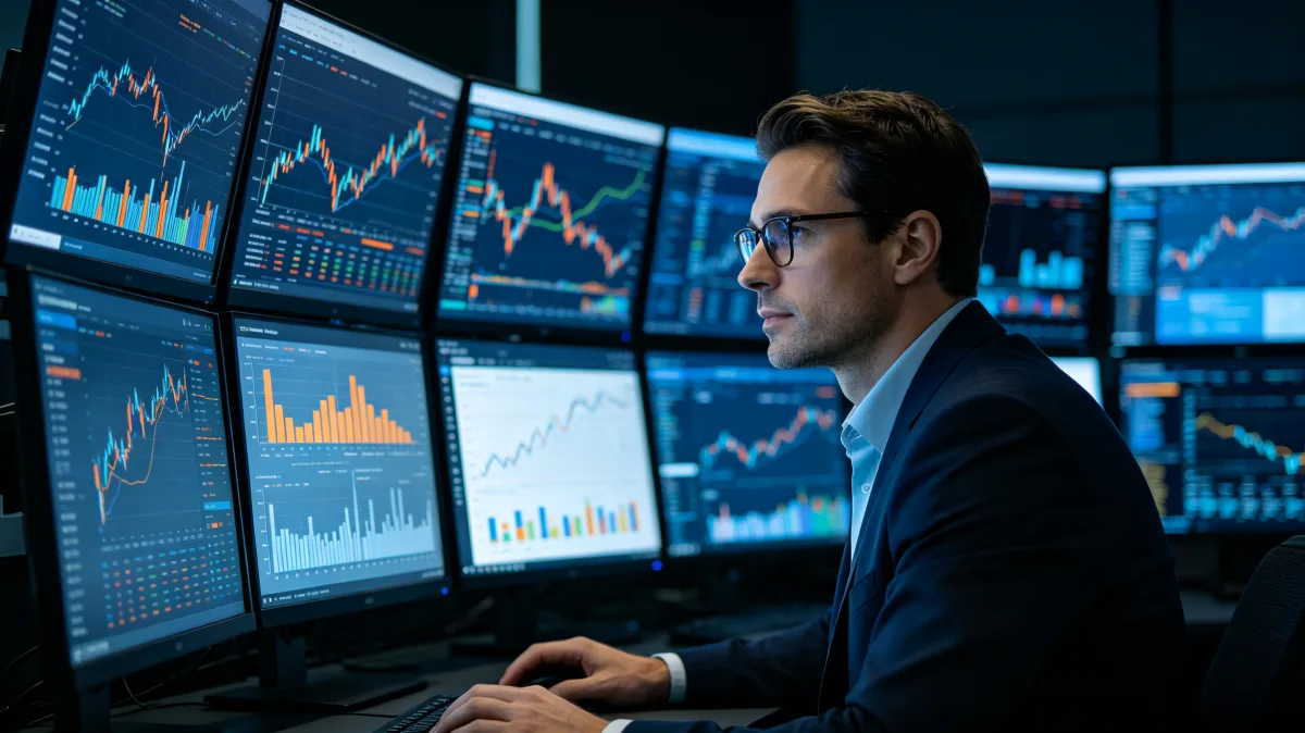Financial analyst working at desk with stock market screens