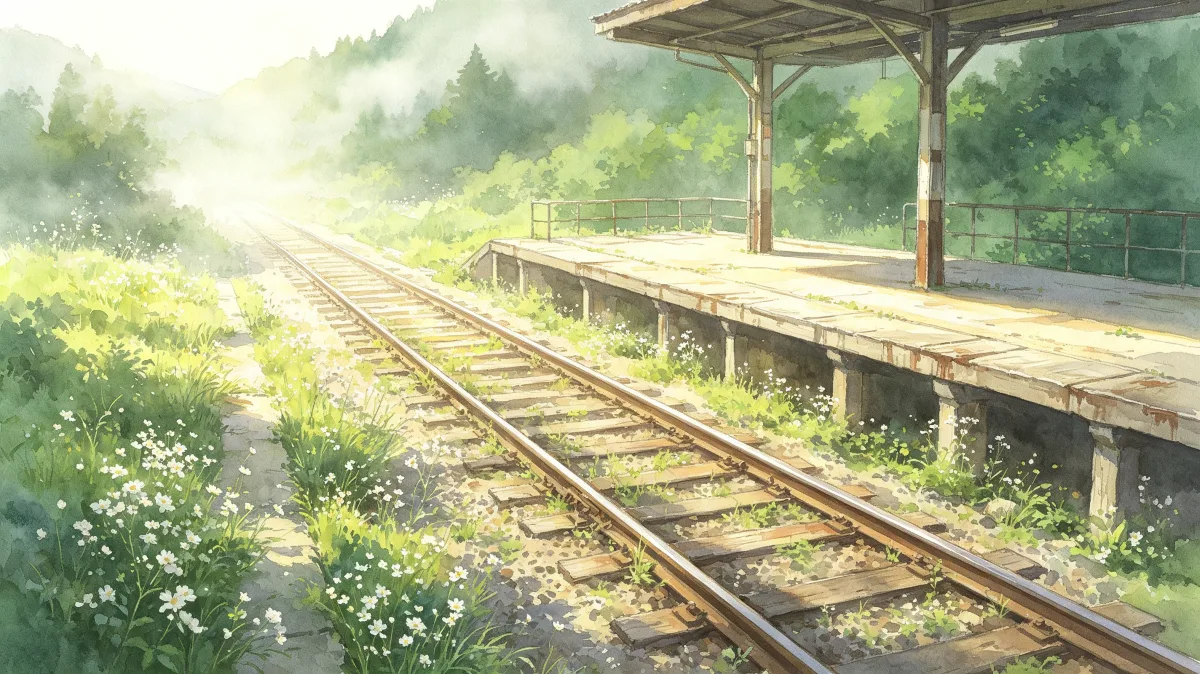 Quiet railway station platform with tracks and misty greenery