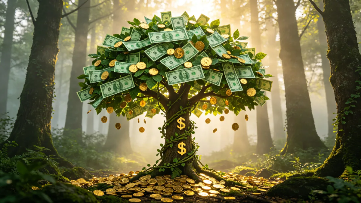 A tree in a misty forest grows a dense crown of banknotes and coins with a golden path beneath it, presenting an abundant natural metaphor for investment growth, compound interest, and...