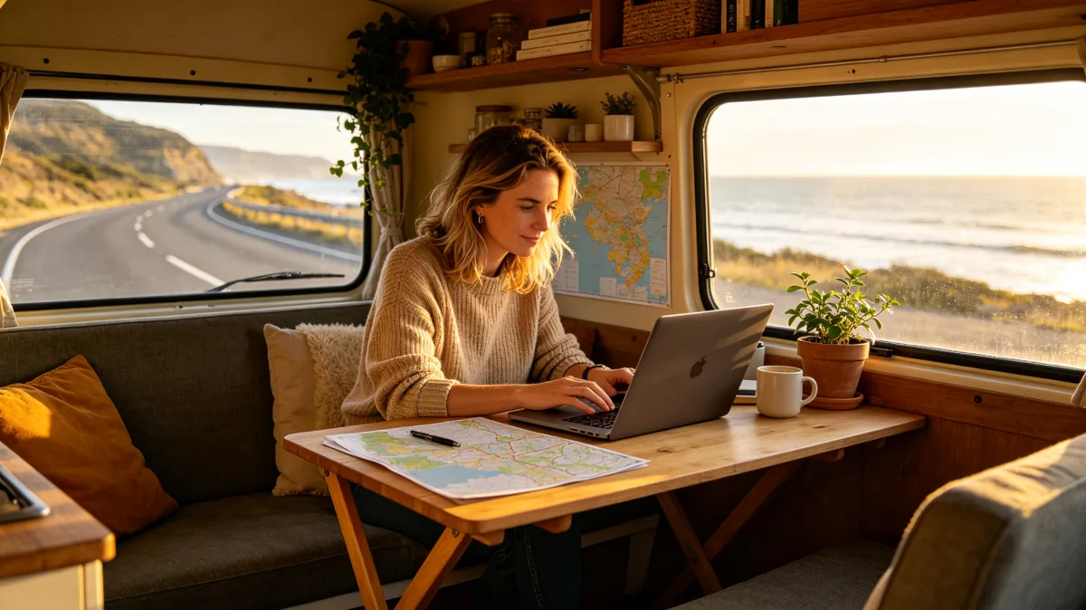A woman works on a laptop inside a camper van beside a coastal road, with warm sunlight and travel gear creating a comfortable work-from-anywhere scene.