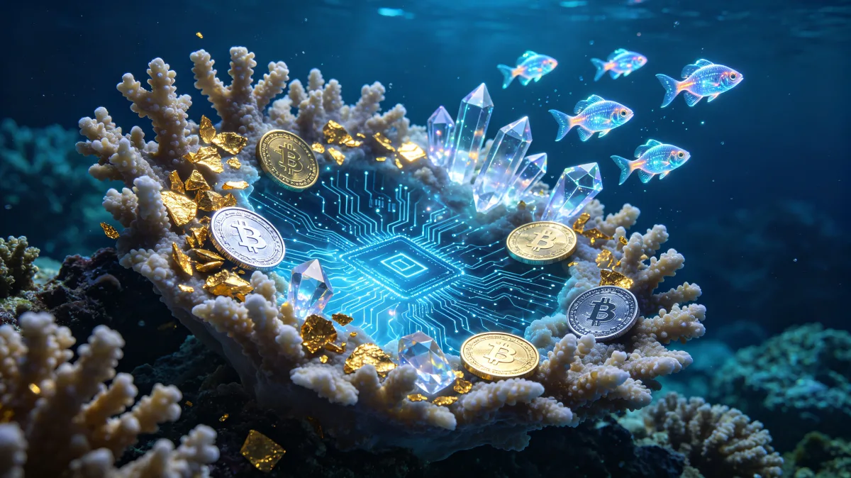Coins, banknotes, and a glowing digital panel appear among coral and tropical fish under sunlit water, turning financial assets into an underwater ecosystem of value, liquidity, and hidden reserves.