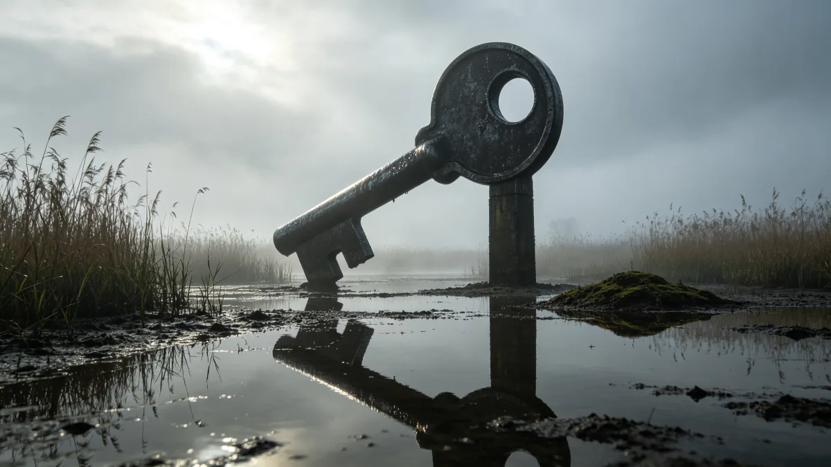a large black key rises from shallow marshland under gray fog, producing a moody metaphor for access, secrets, wetlands, security, and the unlocking of difficult or hidden places.