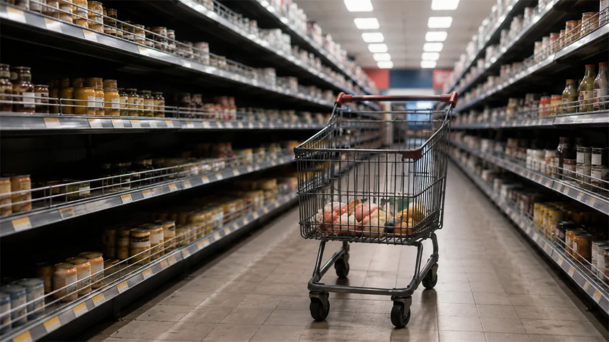 A shopping cart sits alone in a long supermarket aisle, suggesting empty shelves, consumer hesitation, retail supply issues, or price pressure.