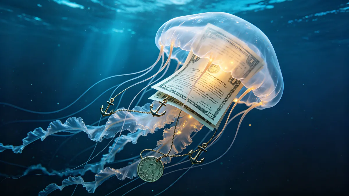 A translucent jellyfish floats through blue water with a glowing banknote and coins inside its body, creating a surreal underwater metaphor for liquidity, drifting value, and fragile financial motion.