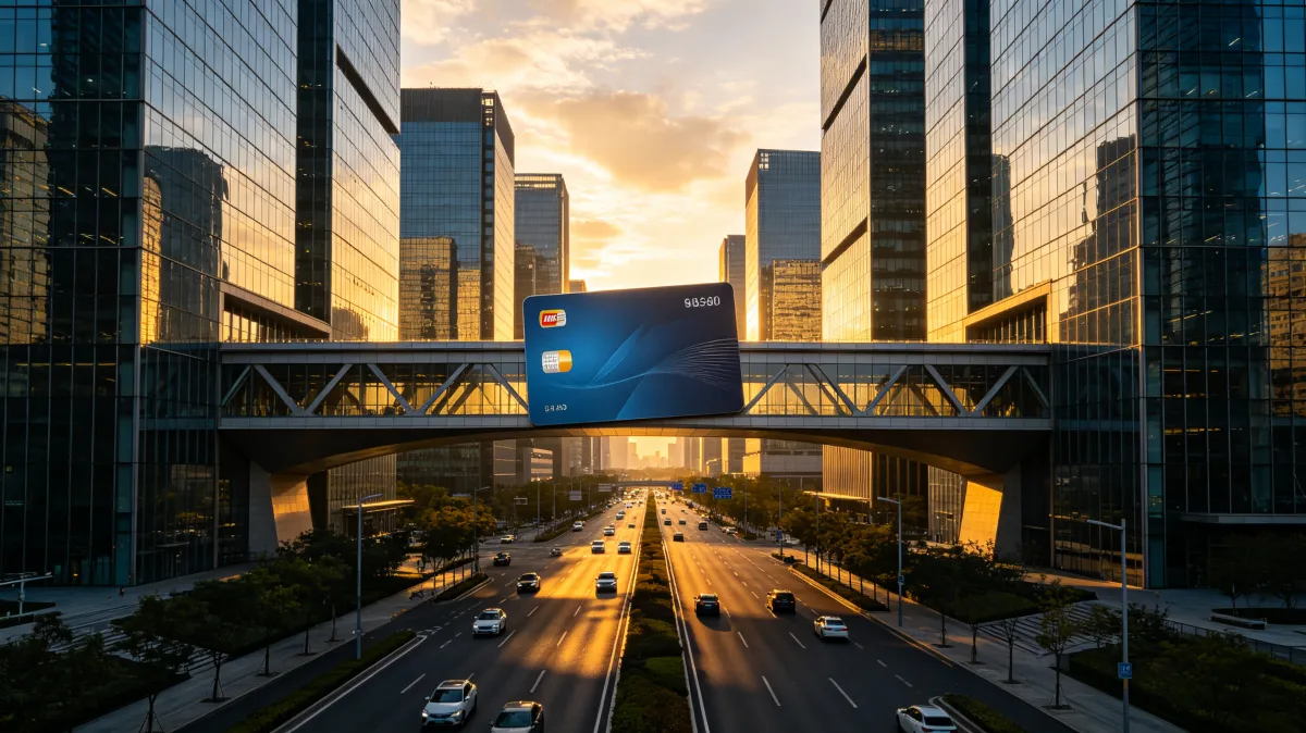An oversized blue folder floats between corporate buildings above a roadway, turning file storage and administration into a dramatic urban metaphor for documents, records, archives, and business...