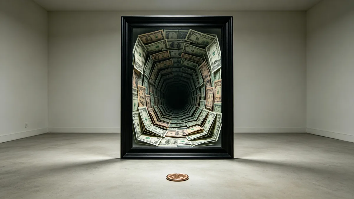A framed doorway opens into a deep tunnel lined with dollar bills in an otherwise empty room, producing a surreal access image about opportunity, temptation, hidden financial paths, and risk.
