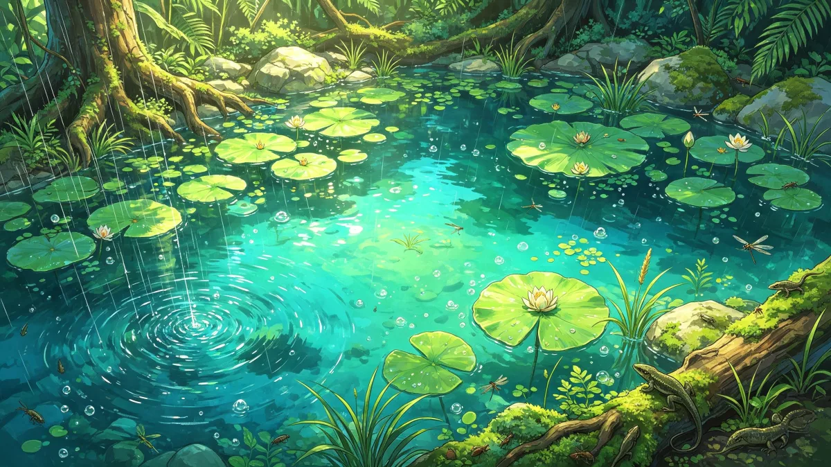 A turquoise pond is filled with lily pads, tree reflections, mossy roots, and gentle rain ripples, creating a calm water garden scene for wetlands, peaceful nature, pond life, and quiet botanical...
