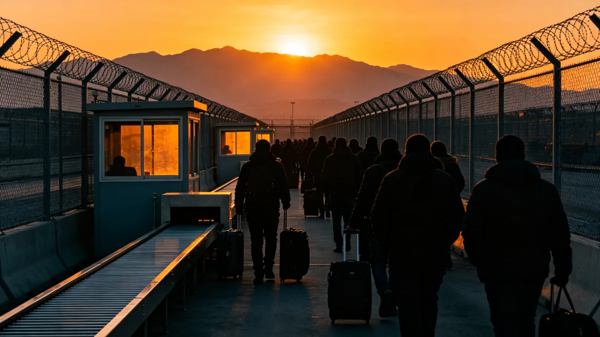 silhouetted people move through a fenced border checkpoint at sunset.